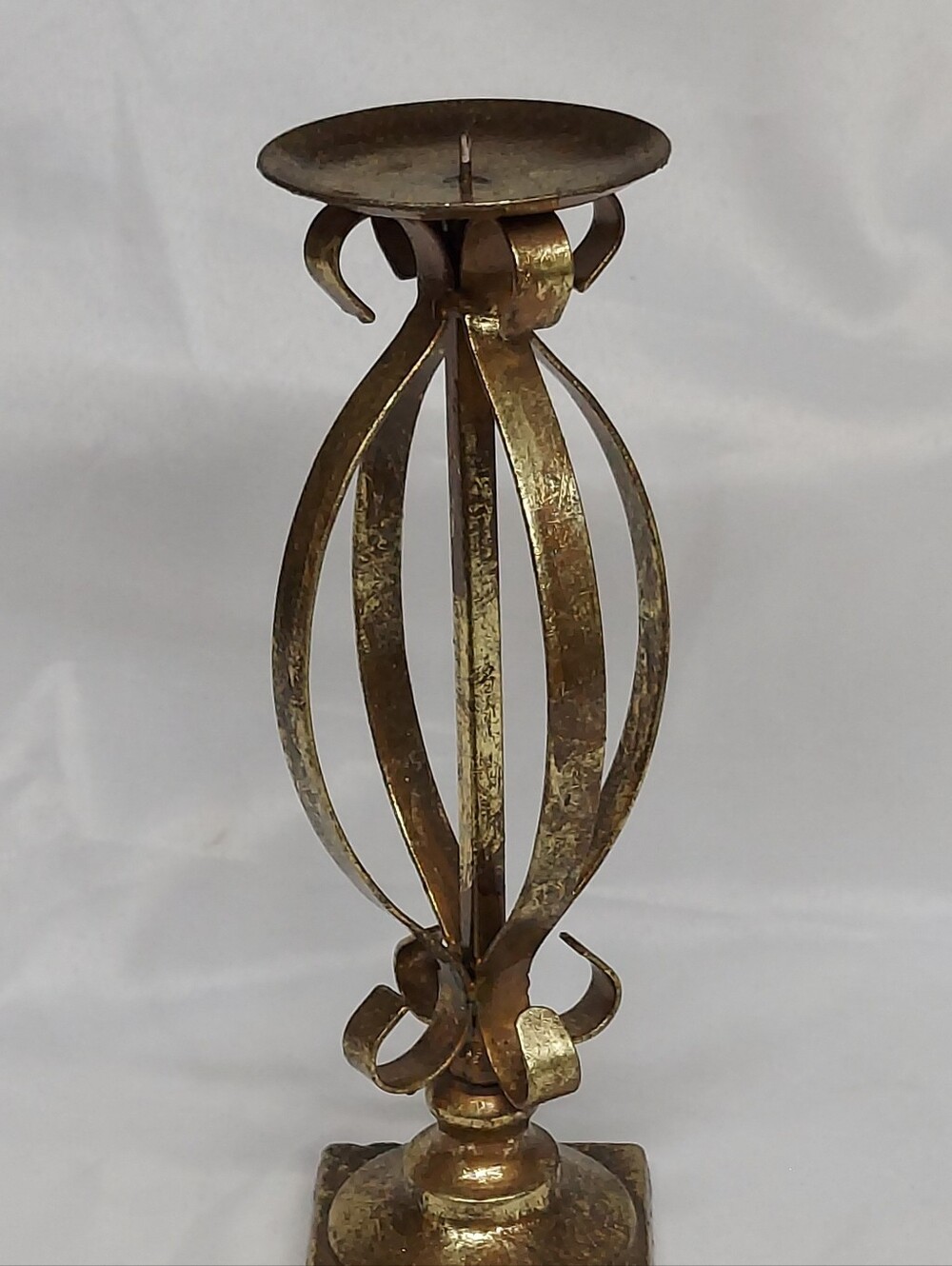 Vintage Antique Gold Openwork Caged Metal Pillar Candle Holder Mid Century